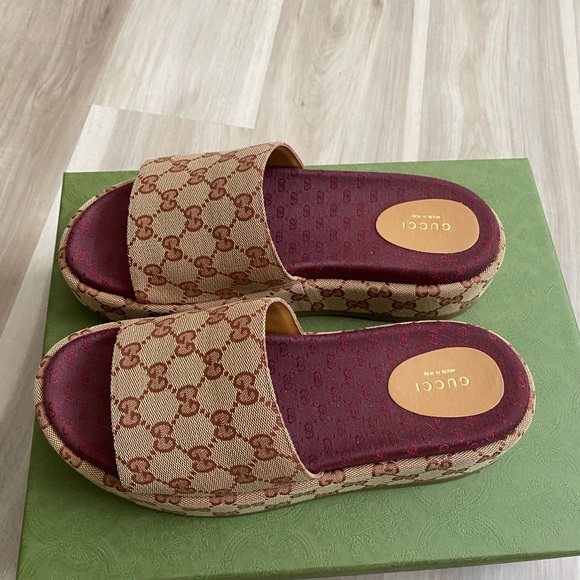 Canvas GG Monogram Angelina Platform Slide Sandals 41 Beige Ruggine - Picture 3 of 11